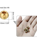 M5x0.8 Brass Ball Cap Nuts Knob Set, 5 Pack in hand, showing 10mm diameter, used for furniture and lighting projects.