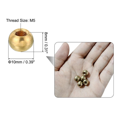M5x0.8 Brass Ball Cap Nuts Knob Set, 5 Pack in hand, showing 10mm diameter, used for furniture and lighting projects.