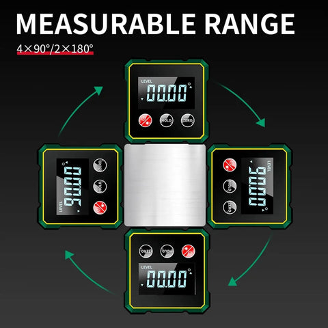 Digital Angle Finder With Laser Level And Inclinometer showing four-sided display and measurable range for woodworking.