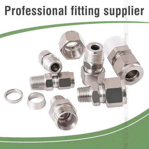 Two stainless steel 304 compression fittings for 1/4 in OD tubing to 1/4 in NPT male threads.
