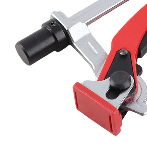 Close-up of Ratcheting Table Clamp For Woodworking, 20mm Dog Hole Bench Dog Clamp, with red grip and self-aligning CR-V steel mechanism.