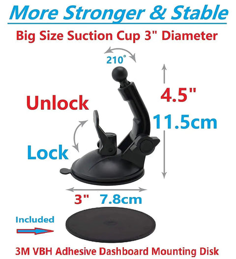 Heavy Duty Car Phone Mount With Grip Tight 3 Inch Sticky Gel Suction Cup showing suction cup and dashboard disk mount.