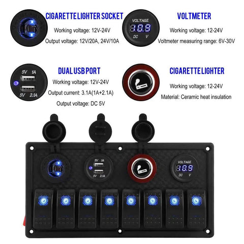 8 Gang Marine Switch Panel For Cars Boats And RVs 12V 24V LED Switch Panel With Dual USB Ports Voltmeter And Cigarette Lighter Waterproof