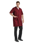 Man wearing Everyday Short Sleeve Unisex Lab Coat Scrubs For Doctors And Researchers Burgundy Size Large With Notched Collar Button Closure 2 Waist Pockets And 1 Chest Pocket Durable 65/35 Poly Cotton Blend Go To Workhorse.