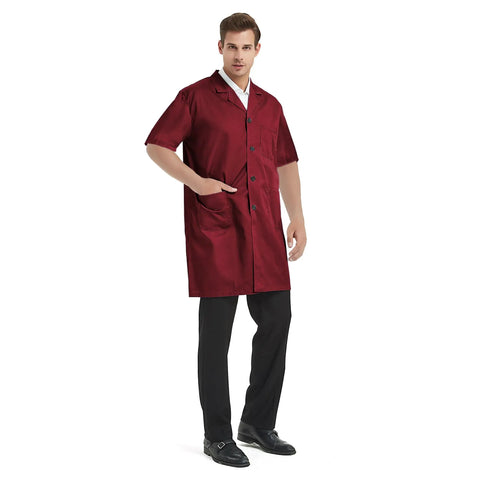 Man wearing Everyday Short Sleeve Unisex Lab Coat Scrubs For Doctors And Researchers Burgundy Size Large With Notched Collar Button Closure 2 Waist Pockets And 1 Chest Pocket Durable 65/35 Poly Cotton Blend Go To Workhorse.