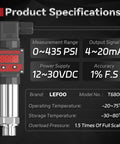 Pro Grade Digital 4-20mA Pressure Transmitter with LCD Display, 0-435 PSI Range, 12-30V DC Supply, NPT 1/4 In Connection