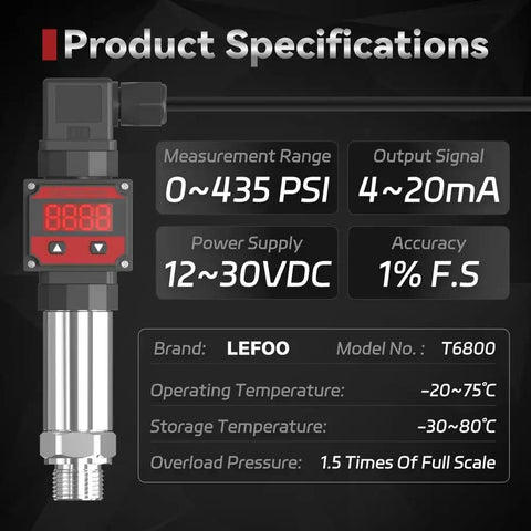 Pro Grade Digital 4-20mA Pressure Transmitter with LCD Display, 0-435 PSI Range, 12-30V DC Supply, NPT 1/4 In Connection