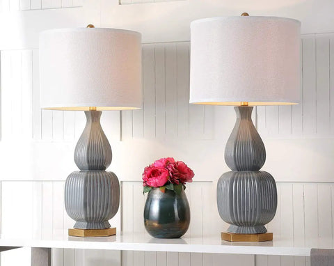 Cleo Modern Grey Textured Ceramic Table Lamps 32-Inch Set Of 2 With LED Bulbs Included Off White Cotton Shade Room Ready Duo