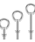 3 stainless steel M8 x 100mm eye bolts with nuts, part of the 4 Pack M8 X 100mm Stainless Steel Eye Bolts With Nuts And Washers Lifting Ring Eyebolt Kit.