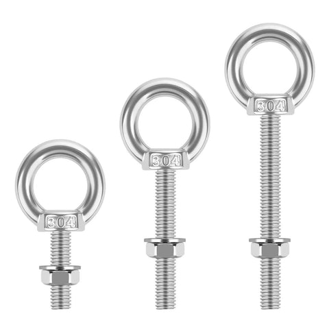 3 stainless steel M8 x 100mm eye bolts with nuts, part of the 4 Pack M8 X 100mm Stainless Steel Eye Bolts With Nuts And Washers Lifting Ring Eyebolt Kit.