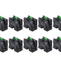 Totally No Fuss 10 Pack Push Button Switch Contact Blocks with green actuators for momentary control panels.
