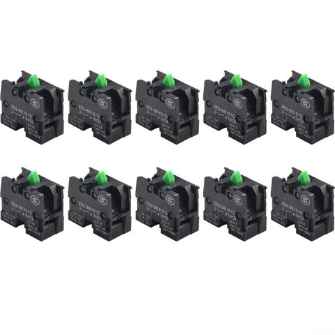 Totally No Fuss 10 Pack Push Button Switch Contact Blocks with green actuators for momentary control panels.