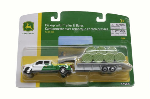 1/64 Scale Farm Toy Pickup With Trailer And Bale Load Rig in packaging, die-cast metal build, realistic dealer graphics