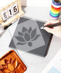 Lotus Flower Acrylic Router Template Seven Nine Inch Square Dead On Clear Floral Inlay Guide being used on a wooden tray.