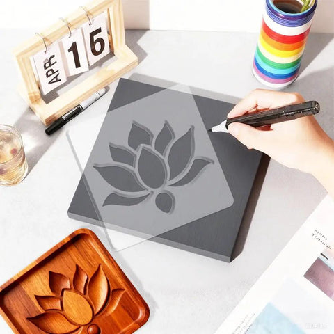 Lotus Flower Acrylic Router Template Seven Nine Inch Square Dead On Clear Floral Inlay Guide being used on a wooden tray.