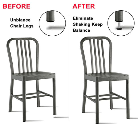 Before and after chair stability with 1/4-20 UNC Thread Adjustable Furniture Levelers, showing improved balance and reduced shaking.