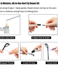 Steps to use Ultimate Fishing Rod Tip Repair Kit With UV Light And Glue, Quick Fix For Broken Rods including inserting and curing.