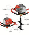 85cc Gas Powered Post Hole Digger With Earth And Ice Auger, Includes 4in 8in And 12in Drill Bits, Two 30 Inch Extensions, 2 Stroke Gas Engine