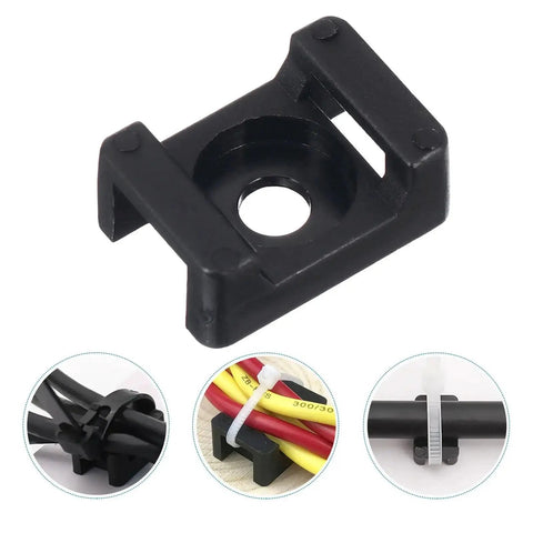 120 Pcs Heavy Duty Nylon Cable Tie Mounts Black Screw Fix Wire Organizers For Home And Office Keep Your Setup Tough As Nails With Rock Solid Clips That Make Taming Wires A Sweet And Simple Deal - close-up view of black nylon cable tie mount for wire organization.