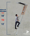 Insulated Door Aluminum Attic Ladder With Energy Efficient R5 Seal, 10 to 12 Foot Reach, 25.5 in by 63 in Rough Opening, Heavy Duty 375 Pound Capacity, Type IAA, No-Fuss Install, Pro Grade Access to Your Attic, aluminum attic ladder extending to a 12-foot ceiling