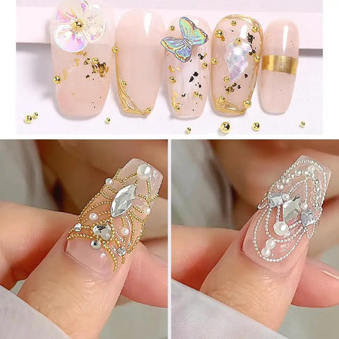 DIY Mani Pros Will Love Mixed Sizes Nail Beads Kit With Magnetic Pen And Tweezers For Nail Art, showcasing gold and silver caviar beads.