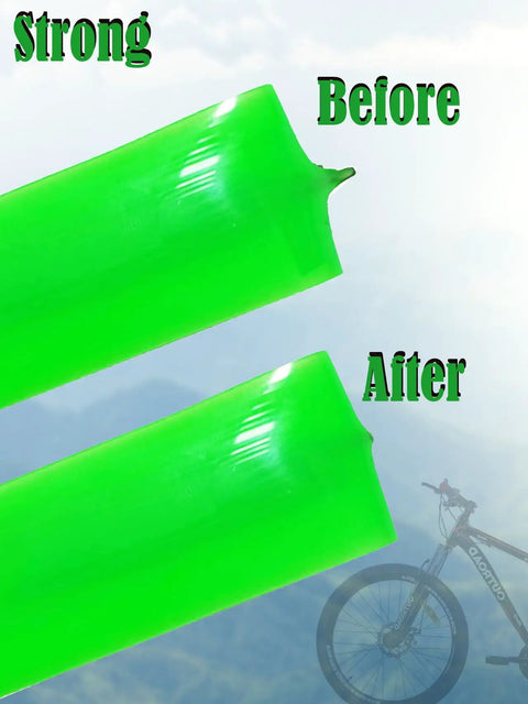 Before and after comparison of Bike Tire Liner Set for Mountain Bikes 2 Liners Puncture Protection to Stop Thorns Glass Nails and Debris From Penetrating the Tube Easy to Install Between Inner Tube and Tire Keeps Your Ride No More Flats and Saves You Money showing green liner segments.