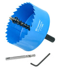 Front view: blue 3-inch bi-metal hole saw with arbor kit; includes drill bit and hex key