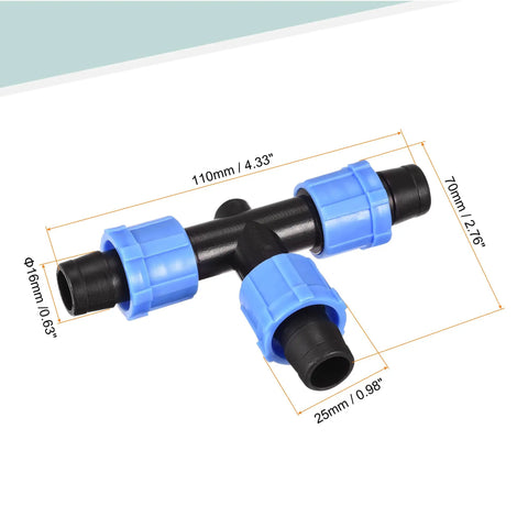 Easy Install T Shape Barbed Tee Fitting For 16mm Drip Irrigation Tubing And Drip Tape Sprinkler System with measurements, Durable PE
