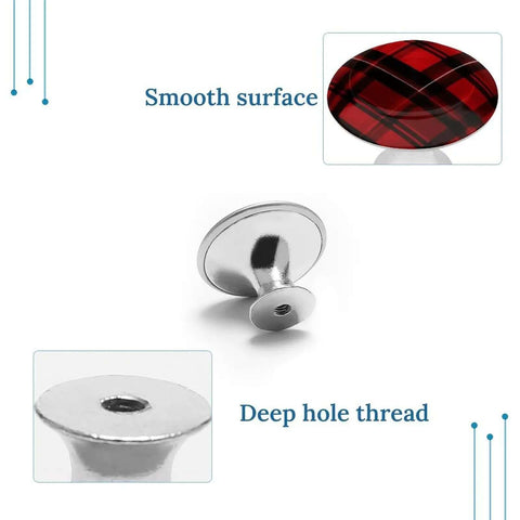 Red And Black Plaid Cabinet Knobs Stainless Steel Round Drawer Pulls Dope Sleek Modern Kitchen Cabinet Hardware For Home Closets And Dressers 2 Pack With Screws showing smooth surface and deep hole thread details.