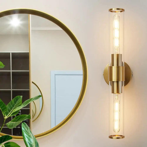 Gold Wall Sconce With Clear Glass, Modern Vanity Lighting Up And Down Indoor Wall Lights For Bathroom And Living Room, Durable Metal Frame