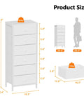 White Tall Dresser With Vertical Storage Tower And End Table Featuring Six Fabric Drawers And Drawer Organizer For Bedroom Living Room Closet Entryway Built Tough With Reinforced Metal Frame dimensions illustration