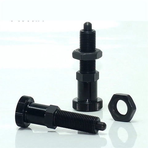Top Shelf Index Plungers Featuring Rock Solid Hex Collar Design With Locking Aluminum Spring Knob And Smooth Acting Lock Pin Precision Metric Screw Thread M16 reliable positioning hardware, black plunger.
