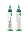 Two Pack PCB Solder Mask Ink For Curing UV Light Activated Solder Resist Ink For PCB Repair On Mobile Phones And Computers Insulating Coating To Protect Traces And Secure Wires, showing two green tubes on white background