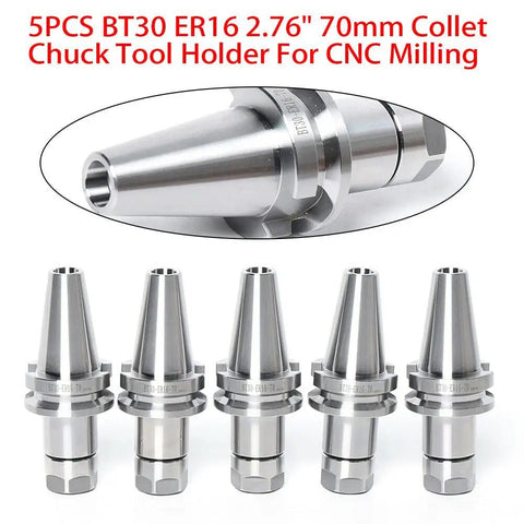 Five Piece BT30 ER16 Collet Chuck Tool Holder Set for CNC Mills and Drills, 2.76 Inch 70mm Shank, ER16 Precision Chucks