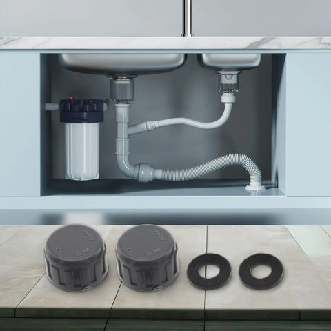 Seamless 2 Pc Round Female Threaded Hose Connector Caps With Durable Rubber Seals For 1 Inch Pipes. installed under sink