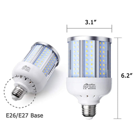 40W LED Corn Light Bulb 280W Equivalent 6500K Cool Daylight White E26 E27 Medium Base shown in dimensions