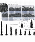 DIY Self-Tapping Screws Assortment Kit 560-Piece M2 And M3 in a compartment box with labeled features of screws.