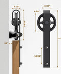 Side and front view of big wheel rollers from Beefed-Up Sliding Barn Door Hardware Kit 84 Inch Seven Foot Track System For Single Door Fits 42 Inch Wide Panels With Black Powder Coated Steel Silent Smooth Glide 330 Lbs Capacity.