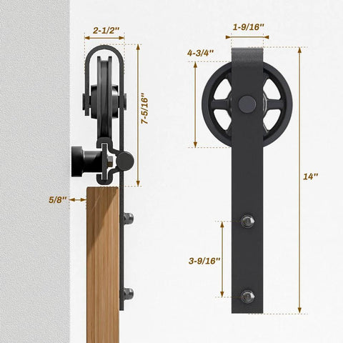 Side and front view of big wheel rollers from Beefed-Up Sliding Barn Door Hardware Kit 84 Inch Seven Foot Track System For Single Door Fits 42 Inch Wide Panels With Black Powder Coated Steel Silent Smooth Glide 330 Lbs Capacity.