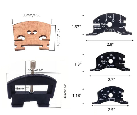 Pro Grade Violin Repair Tool Kit For Luthiers With Brass Sound Post Gauge, shown with templates and sizing measurements