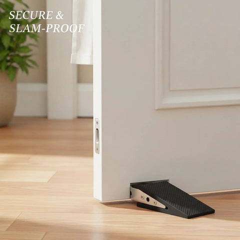 Stainless Steel Door Stopper Wedge with Rubber Base for Heavy Duty Indoor Use under a white door on hardwood floor