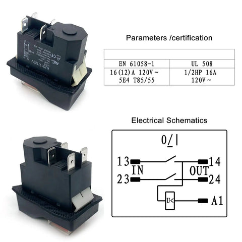 Heavy Duty 4 Pin Electromagnetic Switch 120V 16A Amps Plug And Play Start Stop Button Control shown with schematic diagrams.