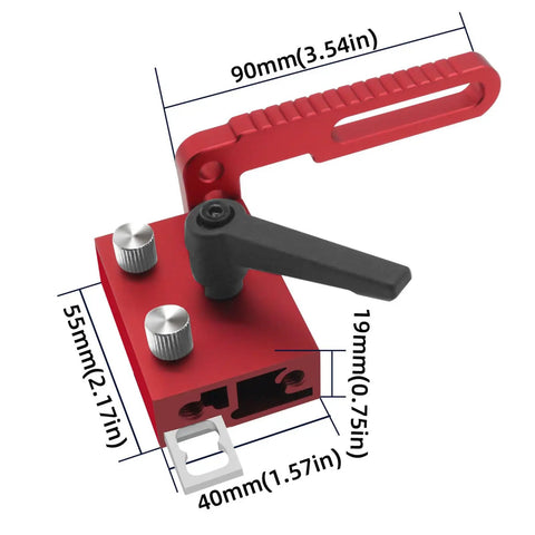 Universal 3.5 Inch Fence Flip Stop Block T Track Stop Block Featuring Dead On Calibrated Hairline Reader For Table Saw Miter And Drill Press No Sweat Alignment And Nailed Down Precision Woodworking Gear, red clamp with dimensions.