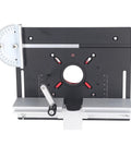 Heavy Duty Router Table Insert Plate With Slick Lift Base Kit And Built Tough Support Rod For No Hassle Woodworking Builds And Tight Chamfering Cuts Daily, top view showing adjustable features.