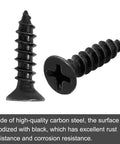 Premium Black Flat Head Phillips Wood Screws, 100 Pack Carbon Steel Fasteners, showing black coated carbon steel screws.