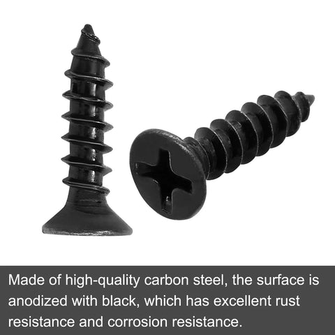 Premium Black Flat Head Phillips Wood Screws, 100 Pack Carbon Steel Fasteners, showing black coated carbon steel screws.