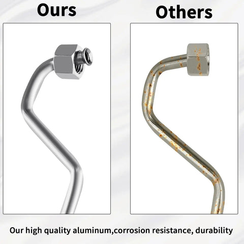 Comparison of aluminum vs rusted line for Power Steering Line Kit Direct Fit For Chevy Escalade Suburban Tahoe Silverado Avalanche GMC Yukon And Sierra 2007 2014 Aluminum Rack And Pinion Transfer Lines Replace OEM 15254059 15254058 Leak Proof Design