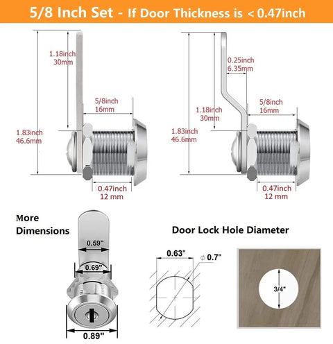 Diagram showing dimensions of 12 Pack Premium Cabinet Cam Locks Keyed Alike With Five Eighth Inch Locks Zinc Alloy