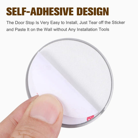 Grey Silicone Door Stopper Wall Protector, 4 Pack Buffer Cushions, highlighting easy peel and stick self adhesive design.