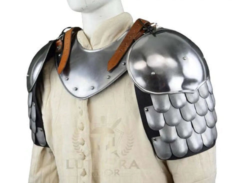 Heavy Duty Badass Medieval Iron Gorget And Spaulders Armor Set for Viking Crusader, polished steel with scale armor detailing.
